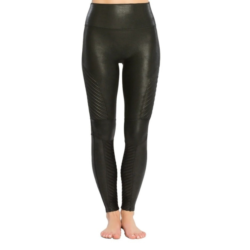 Spanx Moto Leggings Womens Large Black Faux Leather High Waisted Stretch Pull On